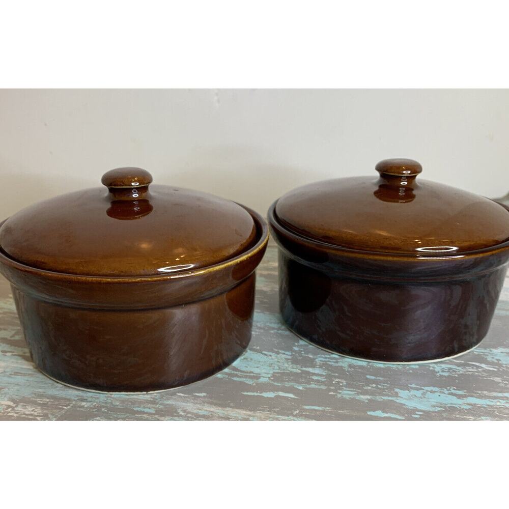 Vintage Set of 2 Rego Brown Stoneware Lidded Crocks Pots E518-07 5"d x 2 3/8"h